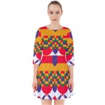 Red flowers and colorful squares                                                                Smock Dress