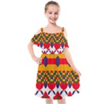 Red flowers and colorful squares                                                              Kids  Cut Out Shoulders Chiffon Dress