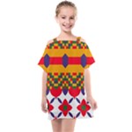 Red flowers and colorful squares                                                               Kids  One Piece Chiffon Dress