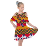 Red flowers and colorful squares                                                               Kids  Shoulder Cutout Chiffon Dress