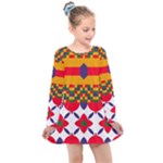 Red flowers and colorful squares                                                                 Kids  Long Sleeve Dress