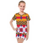 Red flowers and colorful squares                                                                  Kids  Mesh Tee and Shorts Set