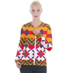 Red flowers and colorful squares                                                                Casual Zip Up Jacket