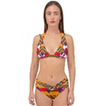 Red flowers and colorful squares                                                                  Double Strap Halter Bikini Set