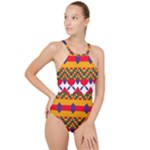 Red flowers and colorful squares                                                                 High Neck One Piece Swimsuit
