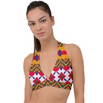 Red flowers and colorful squares                                                               Halter Plunge Bikini Top