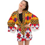 Red flowers and colorful squares                                                               Long Sleeve Kimono