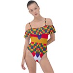 Red flowers and colorful squares                                                                 Frill Detail One Piece Swimsuit