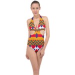 Red flowers and colorful squares                                                                  Halter Front Plunge Swimsuit