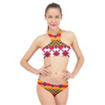 Red flowers and colorful squares                                                                  High Neck Bikini Set