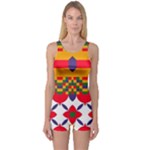 Red flowers and colorful squares                                                                  Women s Boyleg One Piece Swimsuit