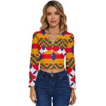 Red flowers and colorful squares                                                       Long Sleeve V-Neck Top