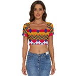 Red flowers and colorful squares                                                       Short Sleeve Square Neckline Crop Top
