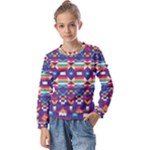 Pastel shapes rows on a purple background                                    Kids  Long Sleeve Tee with Frill