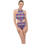 Pastel shapes rows on a purple background                                                                  Halter Side Cut Swimsuit