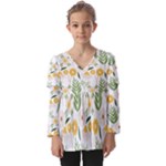 Flowers on a white background pattern                                                          Kids  V Neck Casual Top