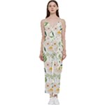  Flowers on a white background pattern                                                           	V-Neck Spaghetti Strap Tie Front Jumpsuit