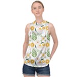 Flowers on a white background pattern                                                                     High Neck Satin Top