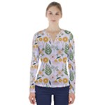 Flowers on a white background pattern                                                                     V-Neck Long Sleeve Top