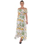 Flowers on a white background pattern                                                                    Off Shoulder Open Front Chiffon Dress