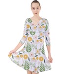 Flowers on a white background pattern                                                                      Quarter Sleeve Front Wrap Dress