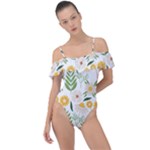 Flowers on a white background pattern                                                                   Frill Detail One Piece Swimsuit