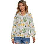 Flowers on a white background pattern                                                           Women s Long Sleeve Button Down Shirt