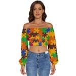 Retro colors puzzle pieces                                                               Long Sleeve Crinkled Weave Crop Top
