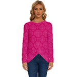 Pink Pattern, Abstract, Background, Bright Long Sleeve Crew Neck Pullover Top
