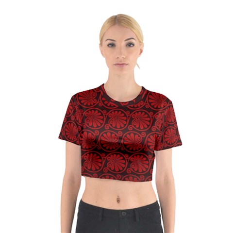 Red Floral Pattern Floral Greek Ornaments Cotton Crop Top from ZippyPress