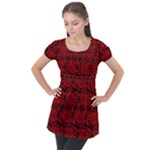 Red Floral Pattern Floral Greek Ornaments Puff Sleeve Tunic Top