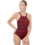 Red Floral Pattern Floral Greek Ornaments High Neck One Piece Swimsuit