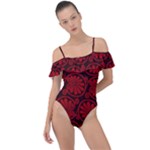 Red Floral Pattern Floral Greek Ornaments Frill Detail One Piece Swimsuit