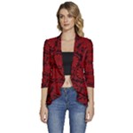 Red Floral Pattern Floral Greek Ornaments Women s 3/4 Sleeve Ruffle Edge Open Front Jacket