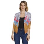 Texture With Triangles Women s Draped Front 3/4 Sleeve Shawl Collar Jacket
