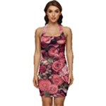 Pink Roses Flowers Love Nature Sleeveless Wide Square Neckline Ruched Bodycon Dress