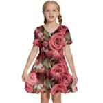 Pink Roses Flowers Love Nature Kids  Short Sleeve Tiered Mini Dress