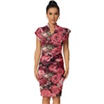 Pink Roses Flowers Love Nature Vintage Frill Sleeve V-Neck Bodycon Dress