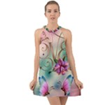 Love Amour Butterfly Colors Flowers Text Halter Tie Back Chiffon Dress