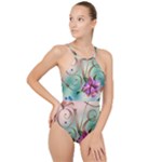 Love Amour Butterfly Colors Flowers Text High Neck One Piece Swimsuit