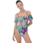 Love Amour Butterfly Colors Flowers Text Frill Detail One Piece Swimsuit