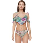 Love Amour Butterfly Colors Flowers Text Ruffle Edge Tie Up Bikini Set	
