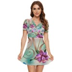 Love Amour Butterfly Colors Flowers Text V-Neck High Waist Chiffon Mini Dress