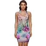 Love Amour Butterfly Colors Flowers Text Sleeveless Wide Square Neckline Ruched Bodycon Dress