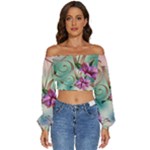 Love Amour Butterfly Colors Flowers Text Long Sleeve Crinkled Weave Crop Top