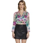 Love Amour Butterfly Colors Flowers Text Long Sleeve Tie Back Satin Wrap Top