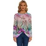Love Amour Butterfly Colors Flowers Text Long Sleeve Crew Neck Pullover Top