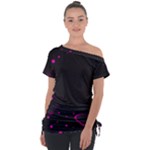 Butterflies, Abstract Design, Pink Black Off Shoulder Tie-Up T-Shirt