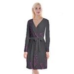 Butterflies, Abstract Design, Pink Black Long Sleeve Velvet Front Wrap Dress