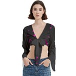 Butterflies, Abstract Design, Pink Black Trumpet Sleeve Cropped Top